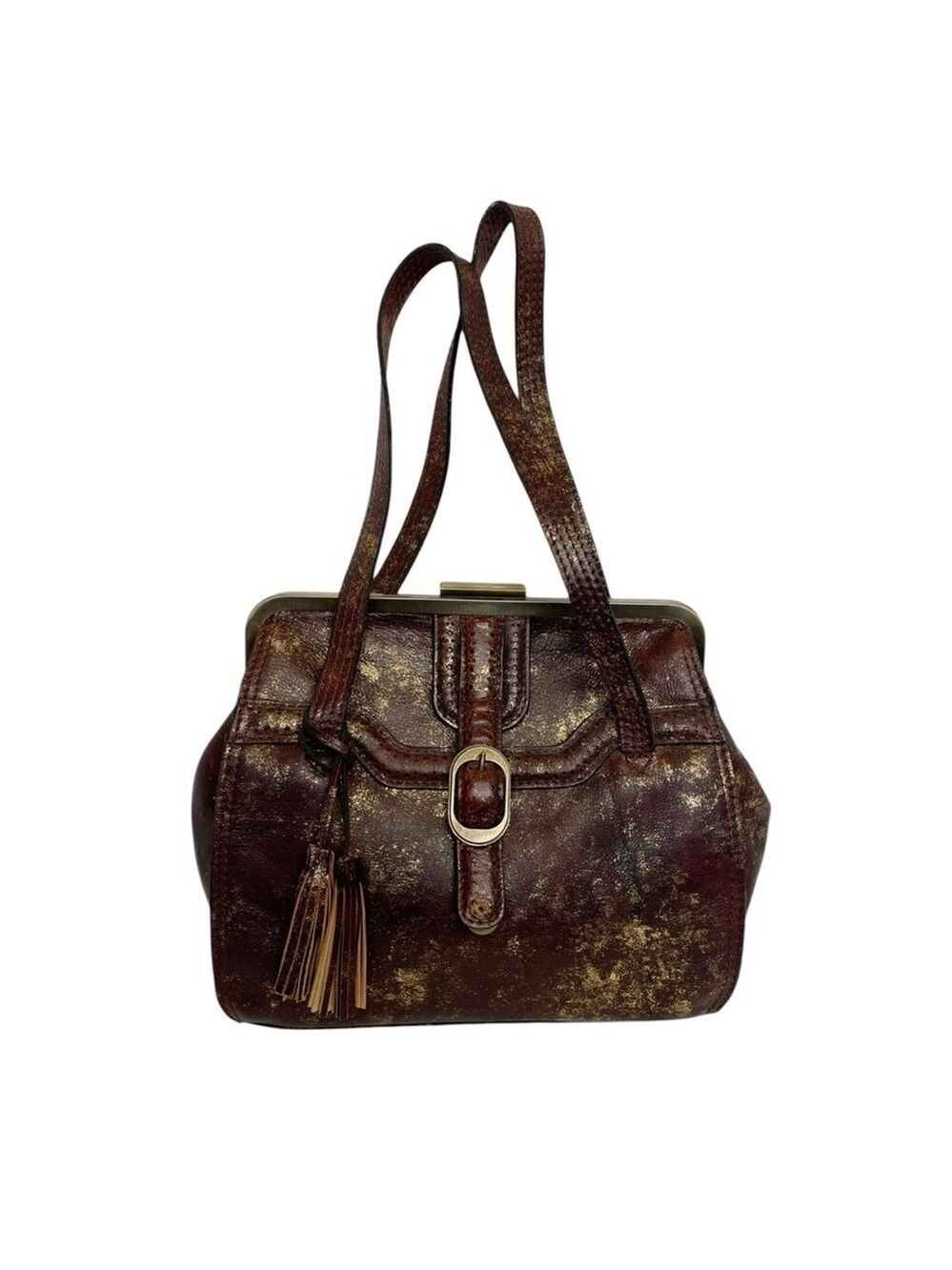 Patricia Nash Metallic Gold Fleck Leather Frame Satchel Bag Wine Brown Purse